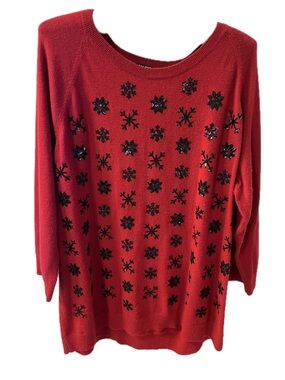 Talbots Red Crewneck Sweater with Black Sequin Snowflakes